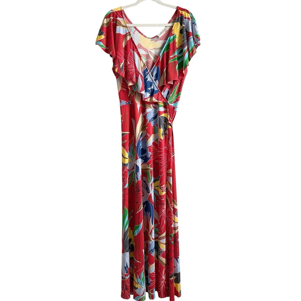 Janette Plus USA Faux Wrap Orange Floral‎ Maxi Dress Ruffle  Tropical Women's 3X